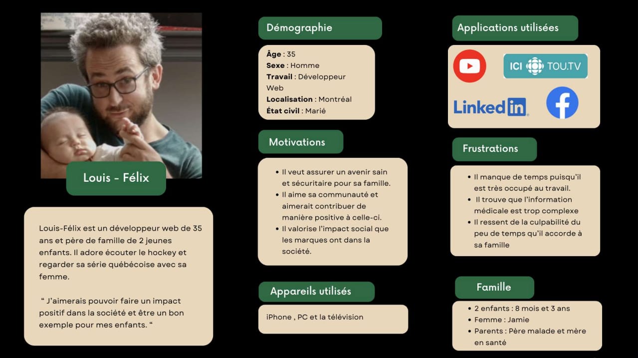 Diapositive : le profil de Louis-Félix, la cible de la campagne, avec sa démographie, ses motivations et ses frustrations