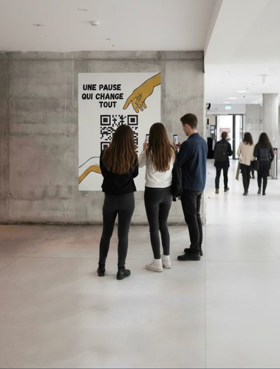 L'affiche installée dans un grand couloir, avec des gens qui passent devant