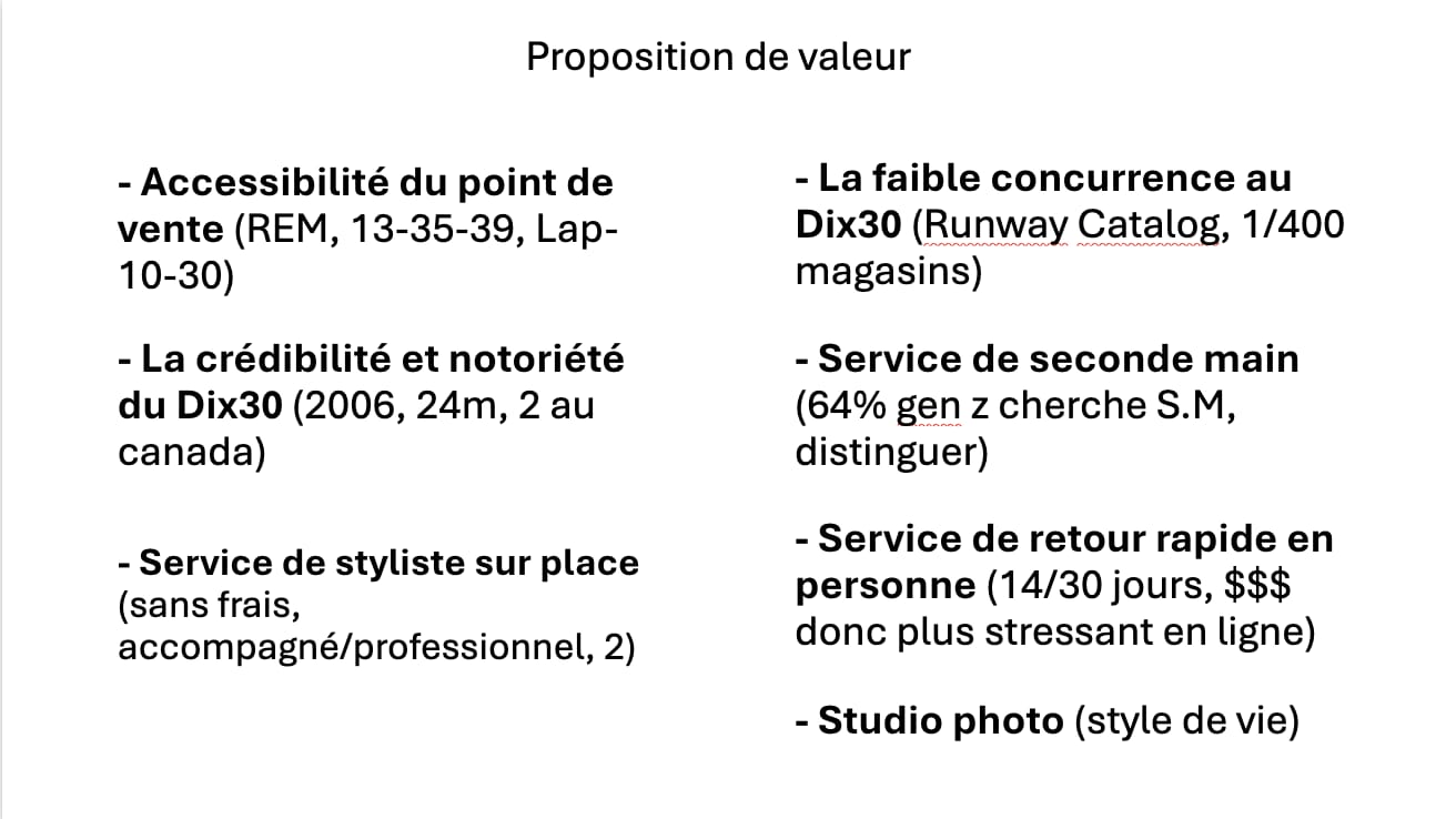 Diapositive : la proposition de valeur de la boutique SSENSE au Dix30 (accessibilité, crédibilité, service de styliste, studio photo)