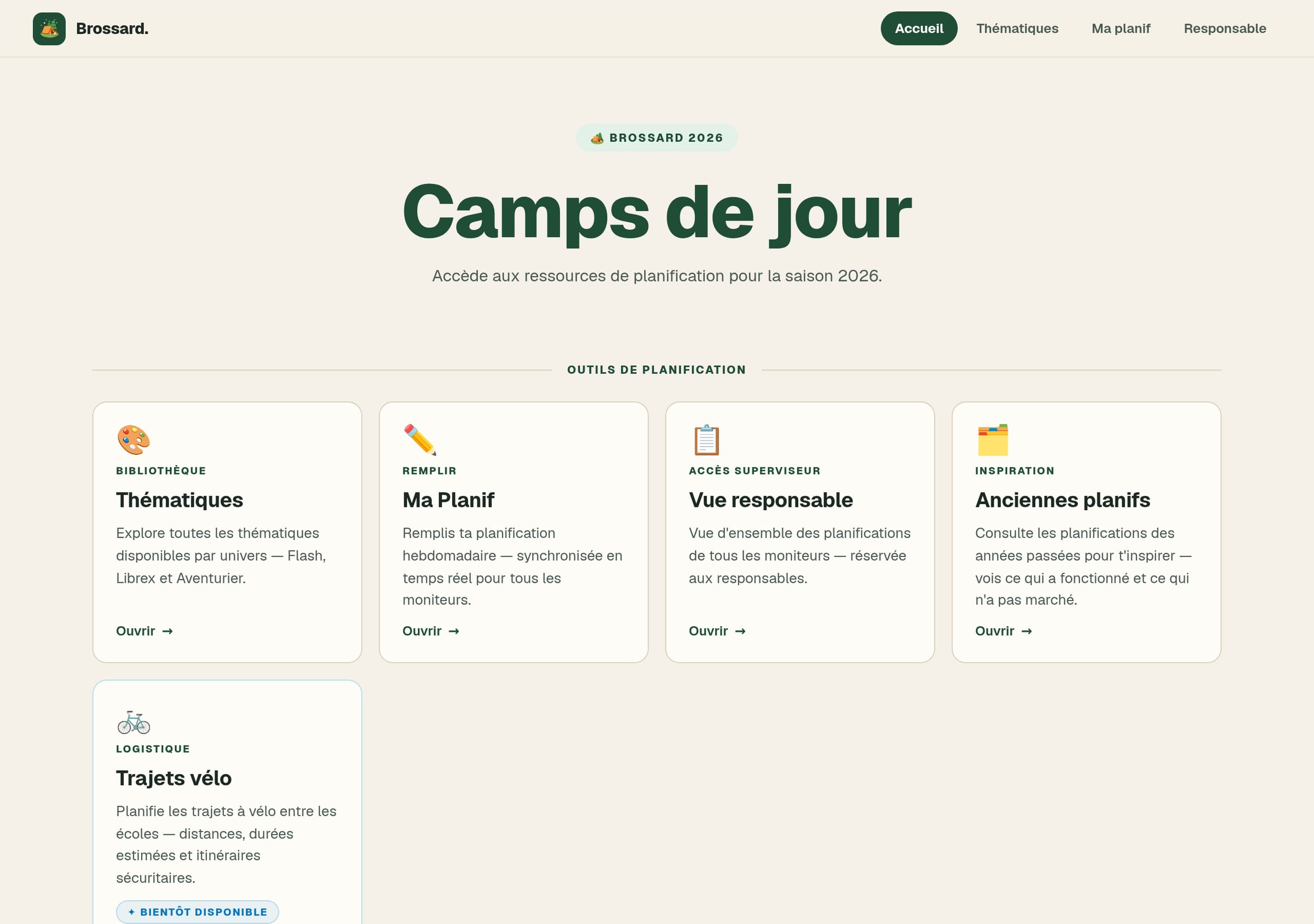 Accueil du site des camps de jour : quatre outils de planification en cartes