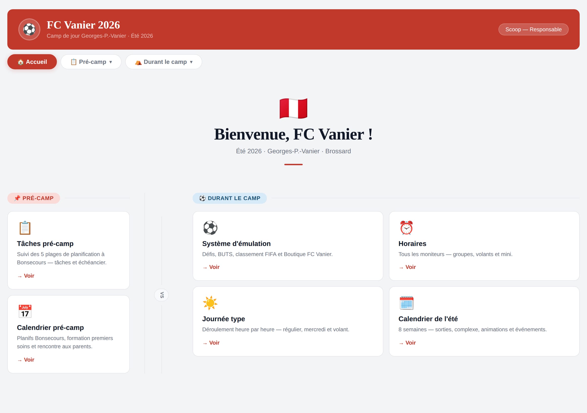 Accueil de FC Vanier 2026 : le pré-camp d'un côté, le camp de l'autre